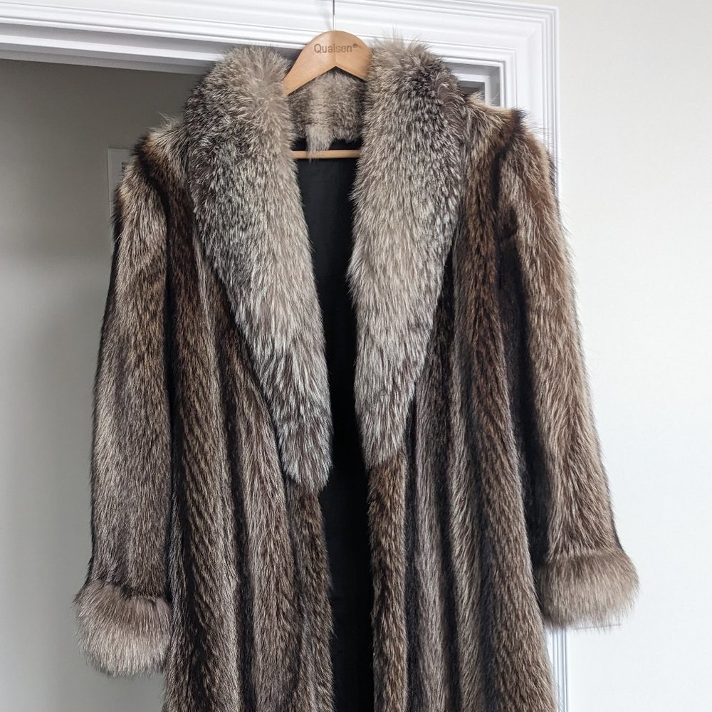 Full-Length Vintage Raccoon Fur Coat with Fox Trim